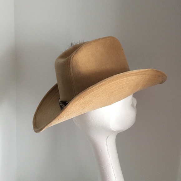 Vintage Womens Stetson Cowboy Western Hat Corduroy Cotton Feather Beige 6-3/4 - Picture 5 of 12
